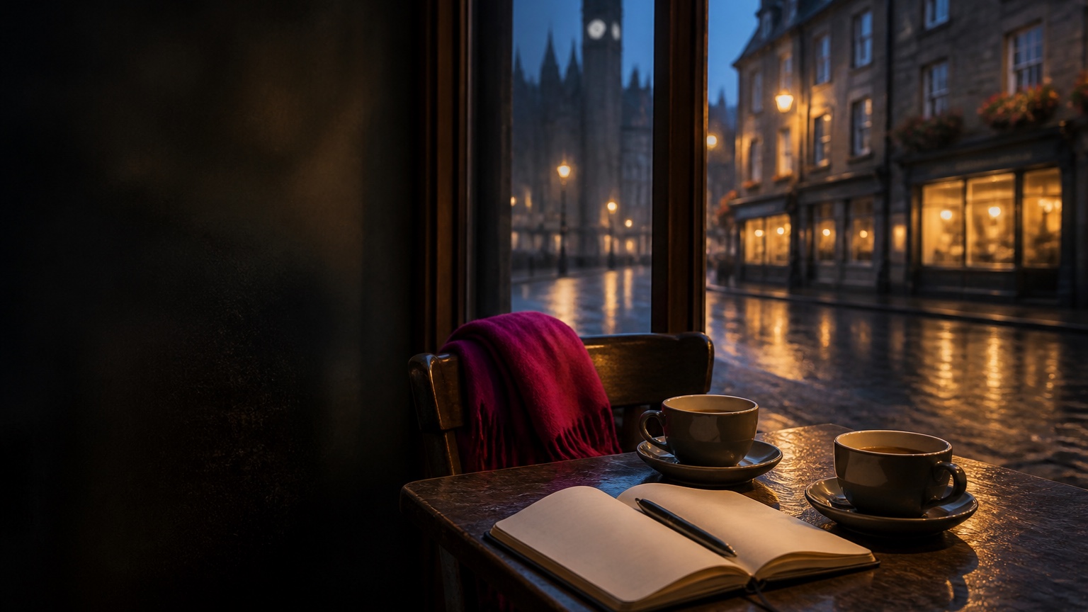 Two cups of coffee and an open notebook on a table by a rain-streaked window, a lamplit street outside.