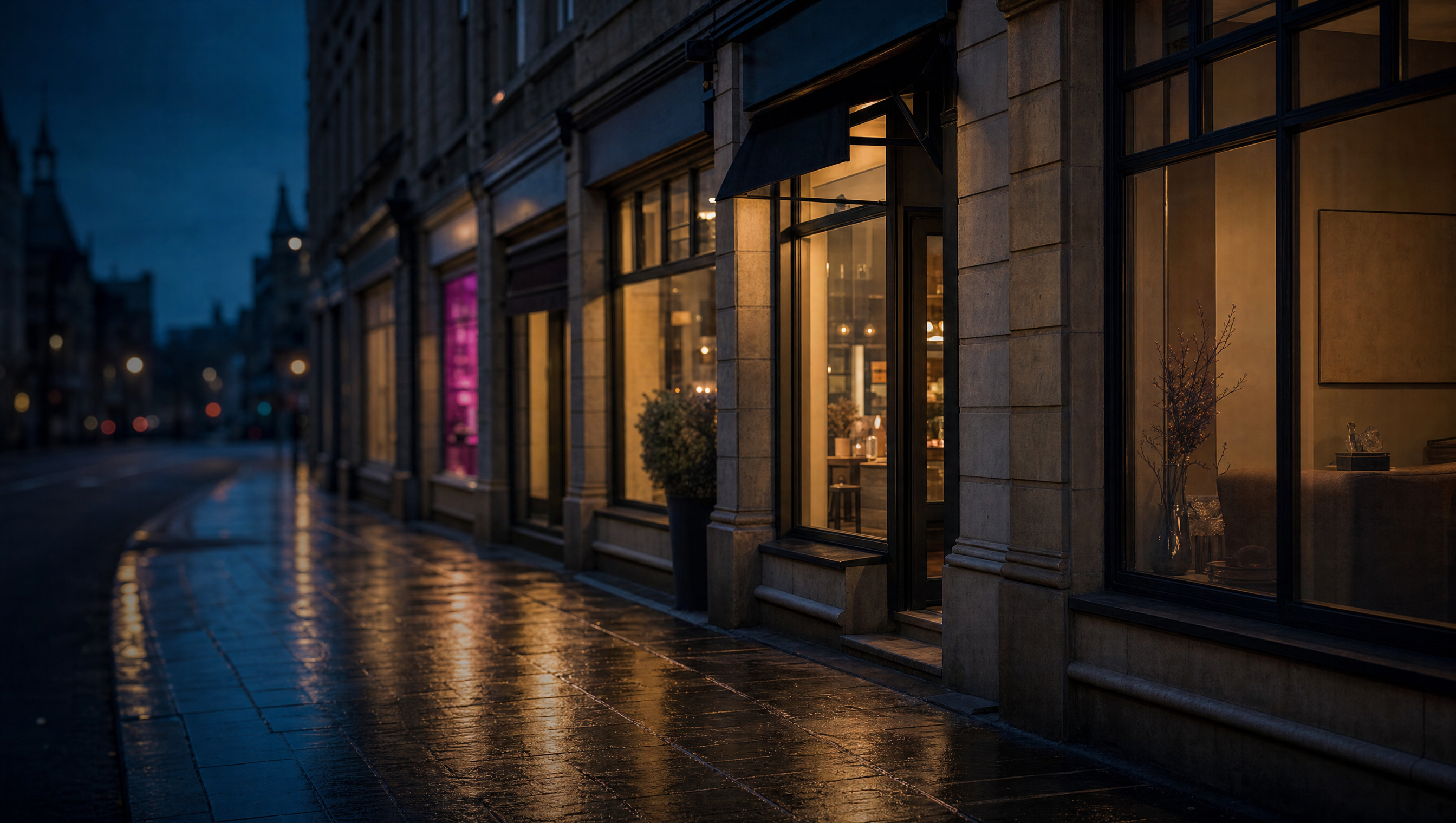 A row of lit shopfronts along a wet street at dusk, one window glowing magenta among the warm ones.