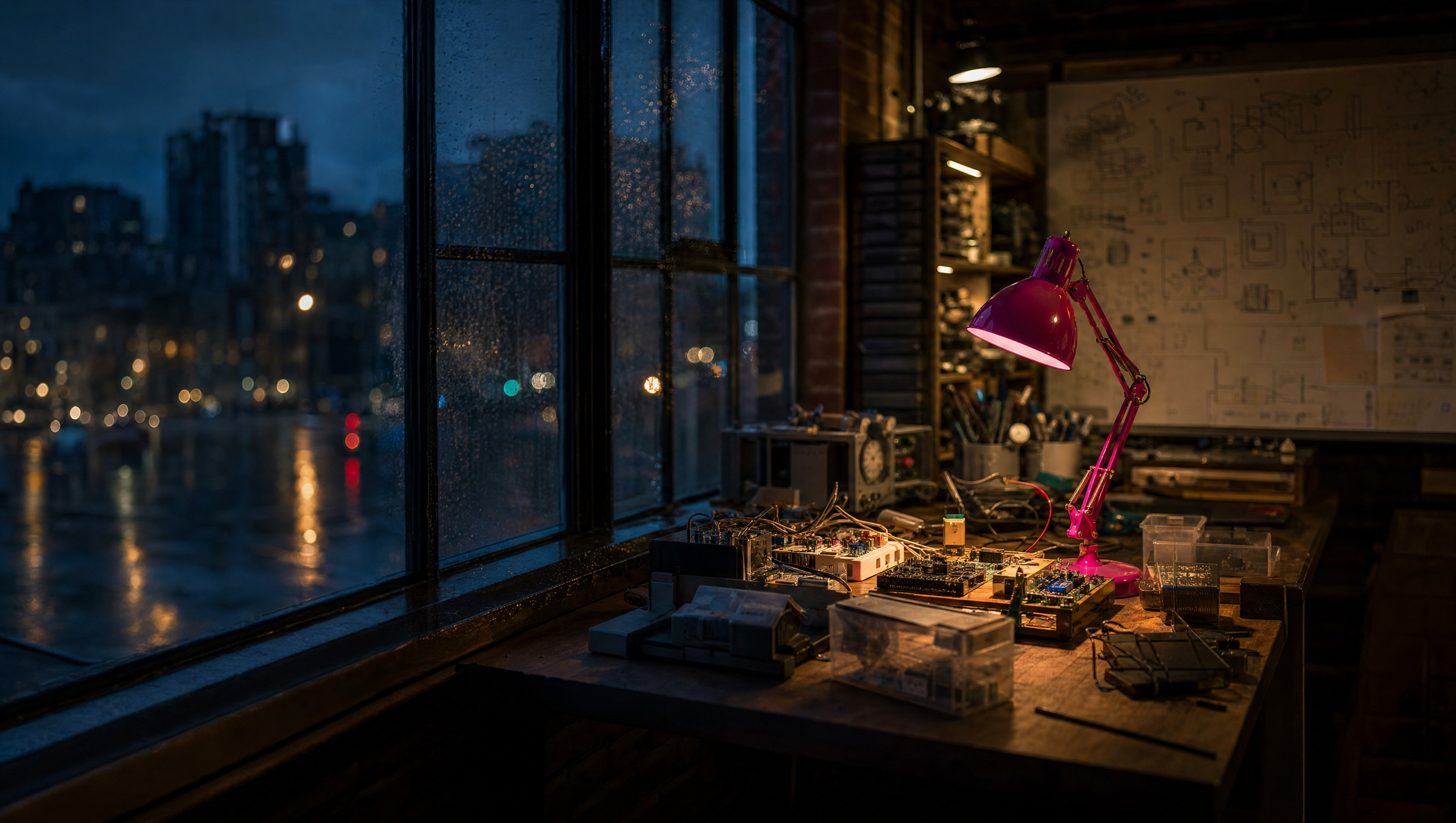 A workbench under a magenta lamp, circuit boards and hand tools laid out in progress, schematics pinned to the board behind.