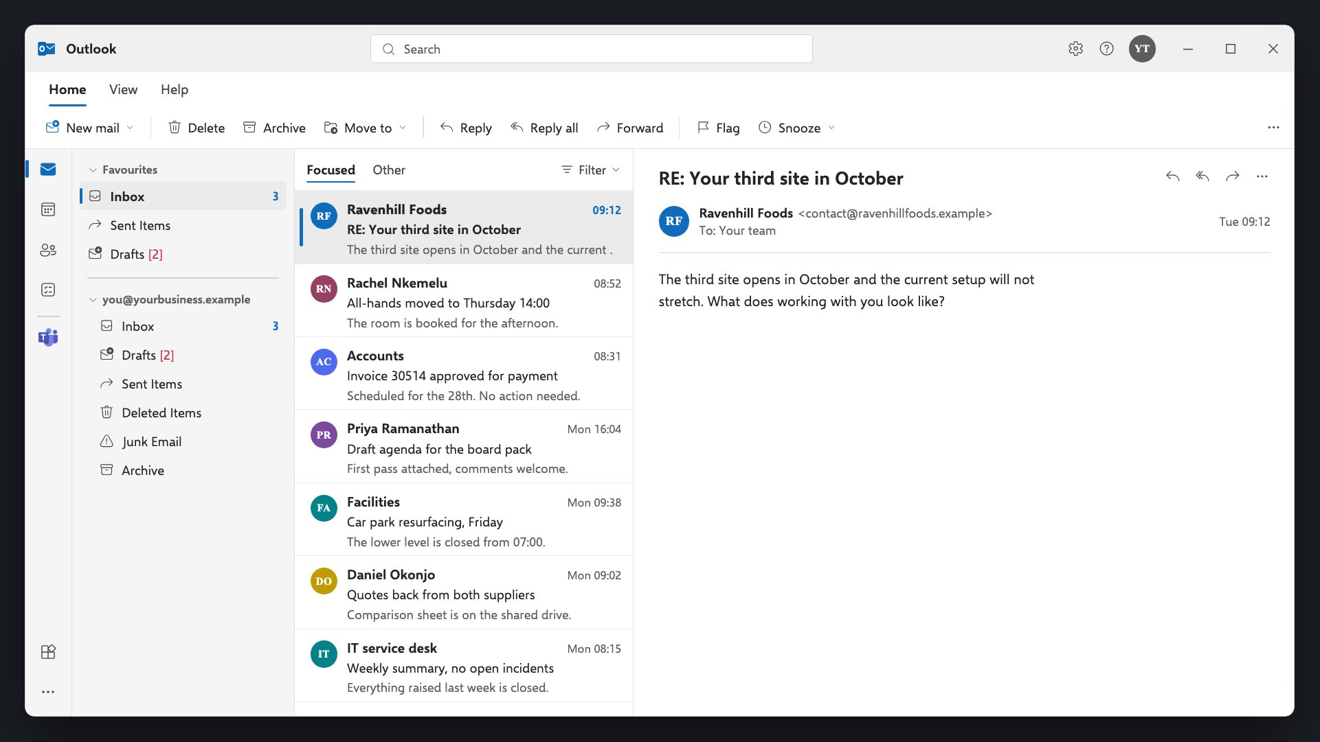 An Outlook inbox. A reply from Ravenhill Foods sits unread at the top of the message list and open in the reading pane, subject RE: Your third site in October, ending on the question, what does working with you look like.
