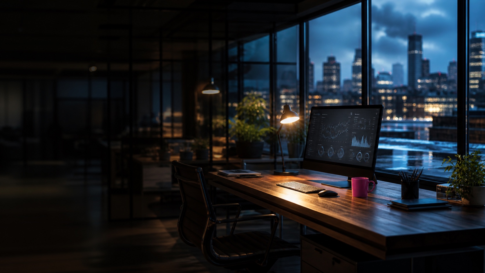 A quiet office at dusk, one desk lit, the city beyond the window