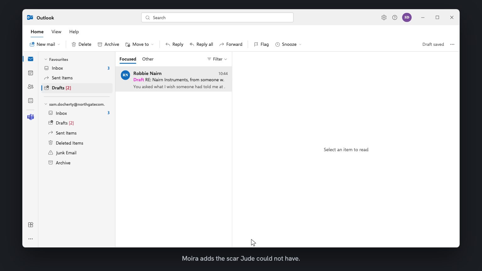 Jude's draft open in Outlook, labelled Drafted by Jude. Moira has replaced the first hire changes the founder's week more than the product with my first hire quit in month three and it was the best thing that happened to us, I will tell you why.