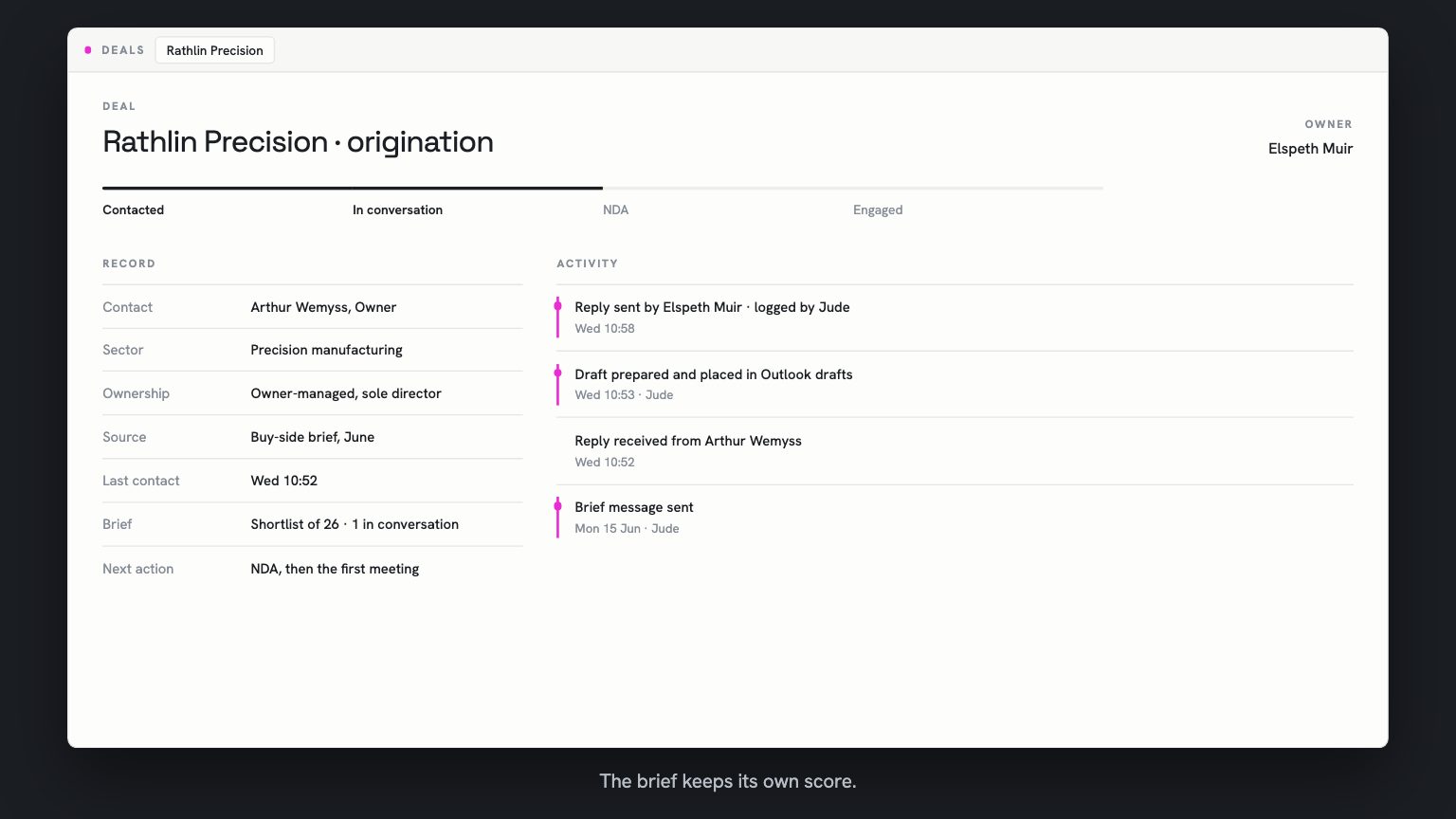 The CRM record for Rathlin Precision. The stage has moved to In conversation, a new activity line reads reply sent by Elspeth Muir and logged by Jude, the brief field reads shortlist of 26 with 1 in conversation, and the next action is an NDA, then the first meeting.