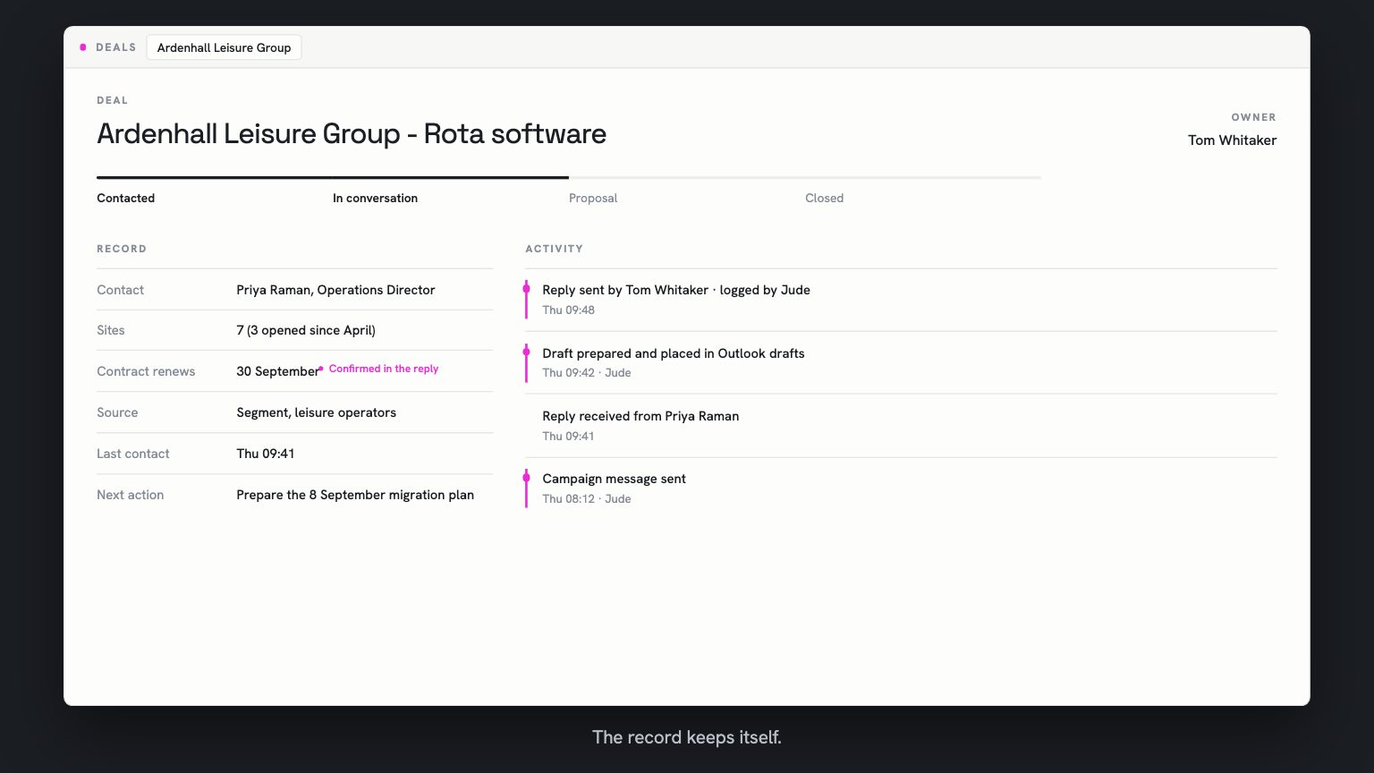 The Ardenhall record, stage moved to In conversation. A magenta label reads confirmed in the reply against the renewal date, and the activity feed shows the reply logged by Jude.