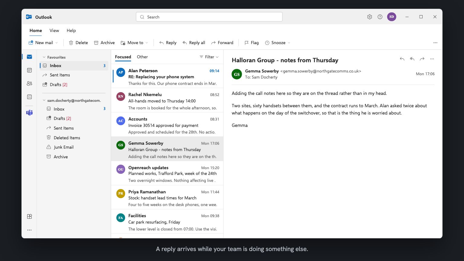 An Outlook inbox. A new unread reply from Alan Peterson has arrived at the top of the message list, with the subject RE: Replacing your phone system.
