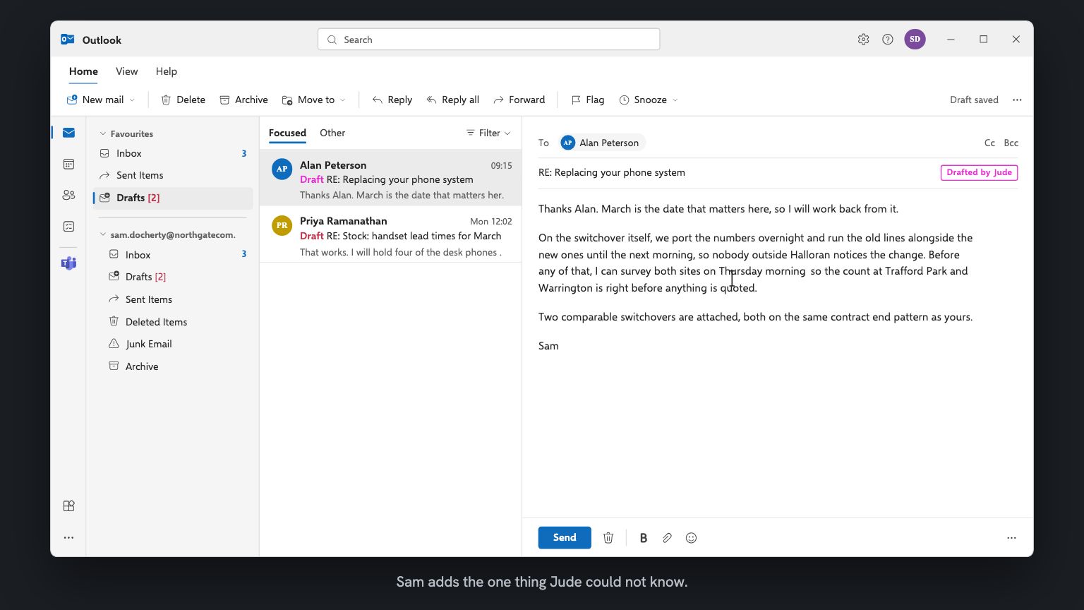Jude's draft open in Outlook, labelled Drafted by Jude. Sam has replaced a phrase in it with an offer to survey both sites on Thursday morning, and the Send button is below.