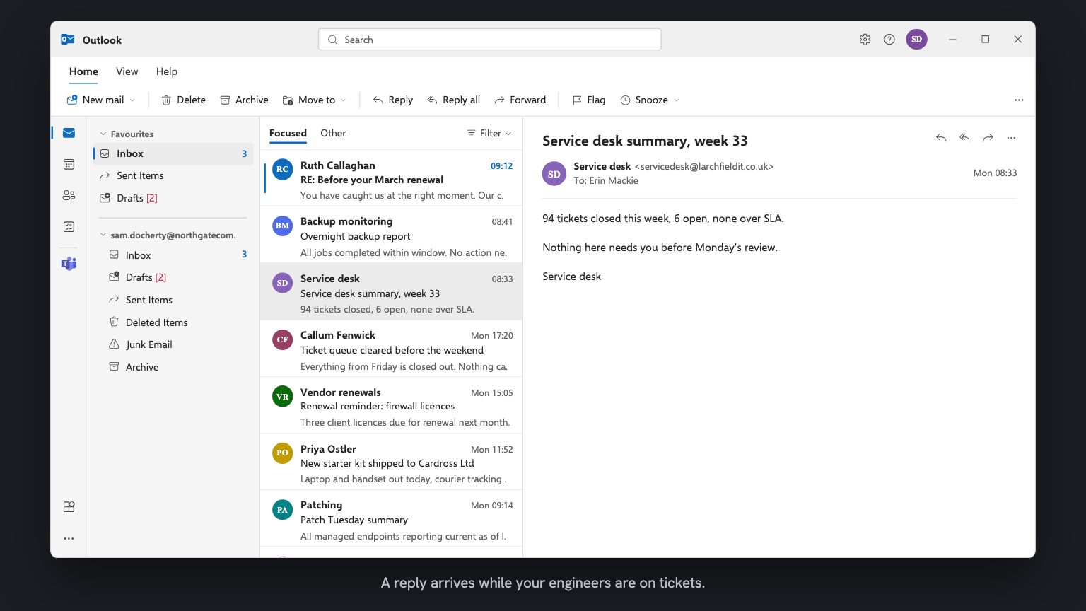 An Outlook inbox. A new unread reply from Ruth Callaghan has arrived at the top of the message list, with the subject RE: Before your March renewal.