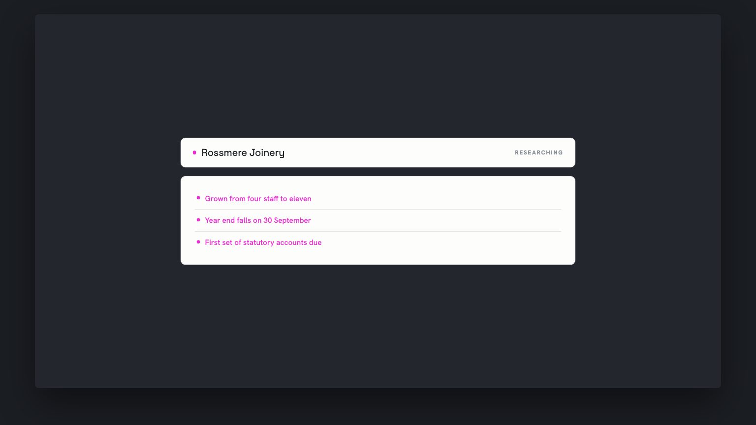 Rossmere Joinery's record, stage Researching. Three signal lines: grown from four staff to eleven, year end falls on 30 September, first set of statutory accounts due.