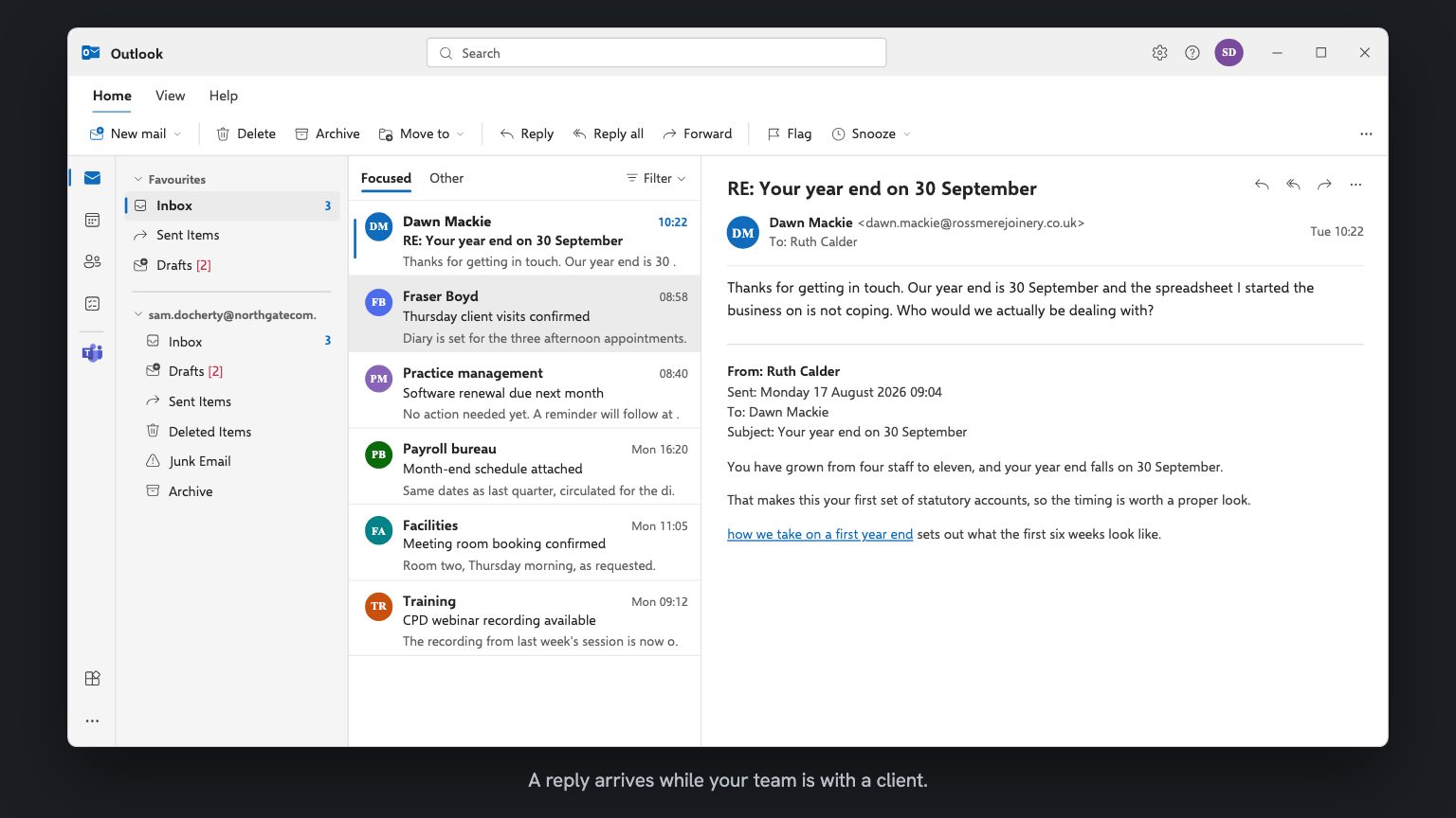 An Outlook inbox. Dawn Mackie's reply is open: our year end is 30 September and the spreadsheet I started the business on is not coping, who would we actually be dealing with. The original campaign email is quoted underneath it.