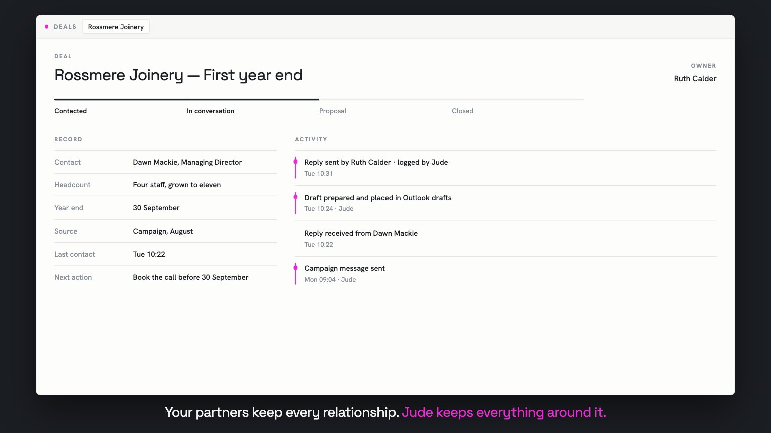 The closed record, held, with the closing line: your partners keep every relationship, Jude keeps everything around it.