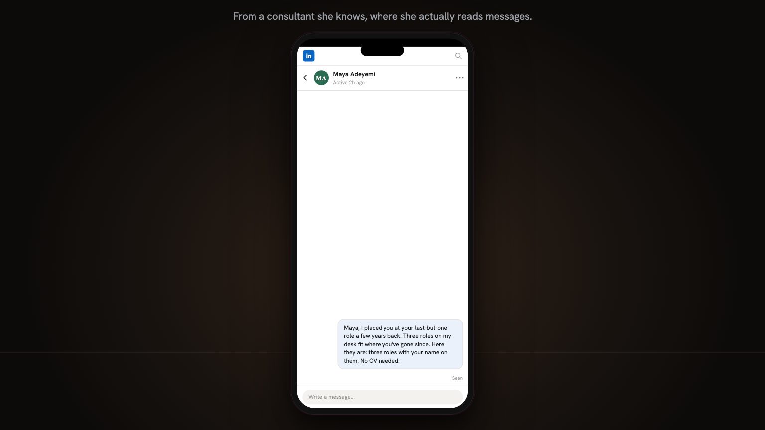 A pixel-exact LinkedIn message thread. Cara's message sits sent, with a read receipt showing under it and no reply yet, which is honest: people rarely answer the first touch.