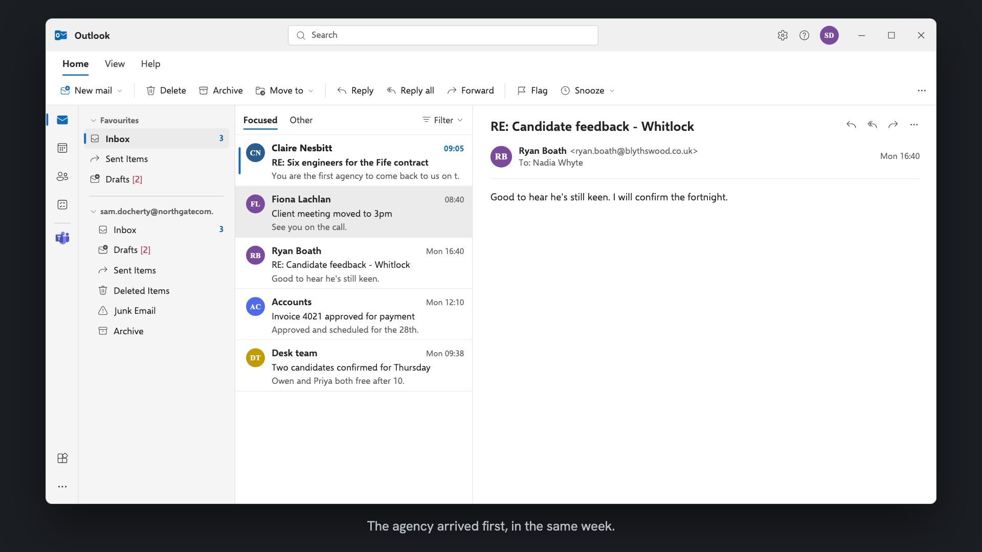 Outlook's inbox. A new reply from Claire Nesbitt has arrived, saying the agency is the first to come back to them and asking whether Owen and Priya can talk to the site lead on Thursday.