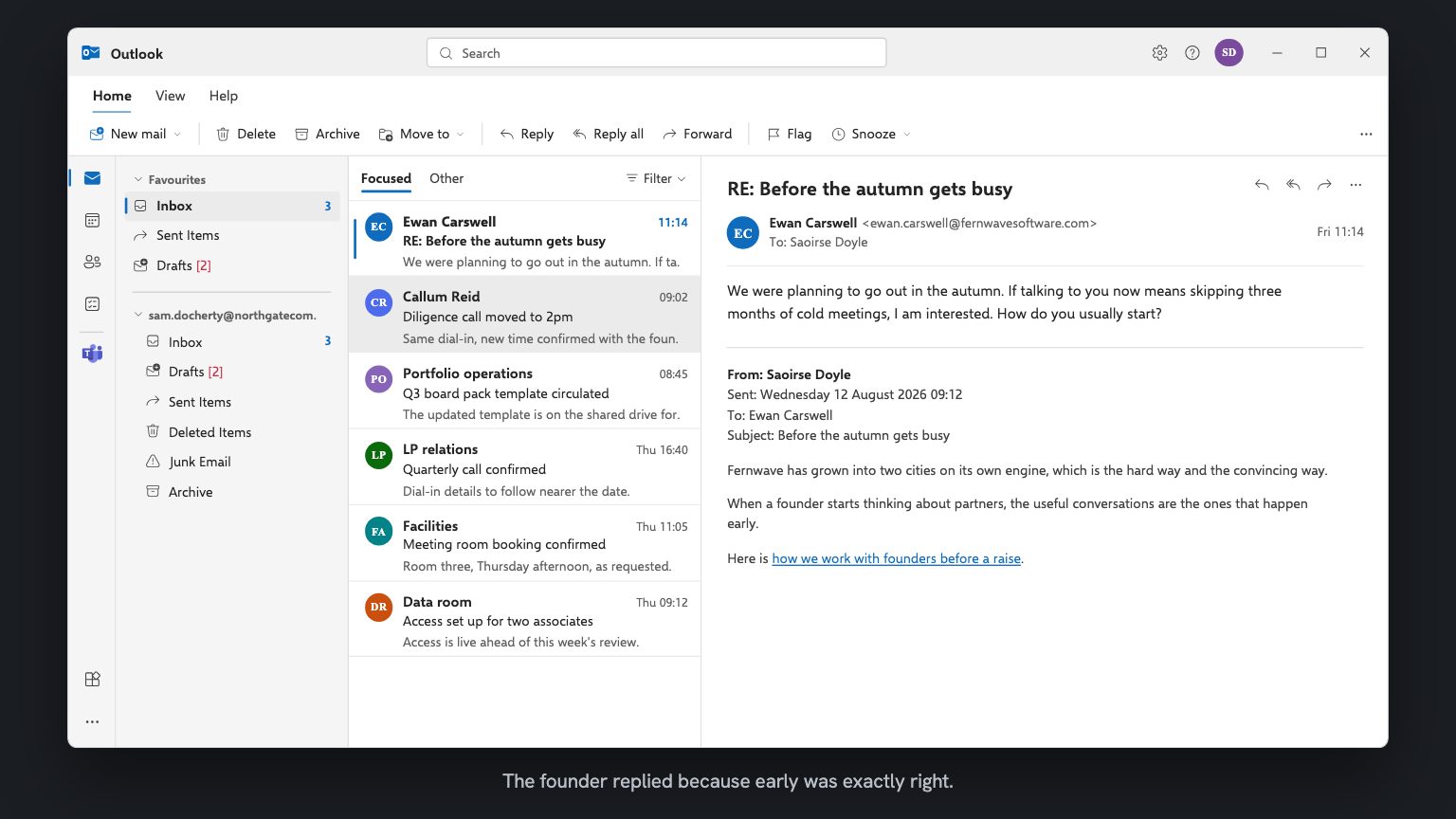 An Outlook inbox. Ewan Carswell's reply is open: we were planning to go out in the autumn, if talking to you now means skipping three months of cold meetings I am interested, how do you usually start. The original campaign email is quoted underneath it.